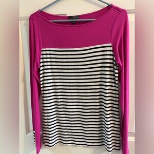 The Limited Fuchsia Boatneck Long Sleeve Top with Black & White Stripes